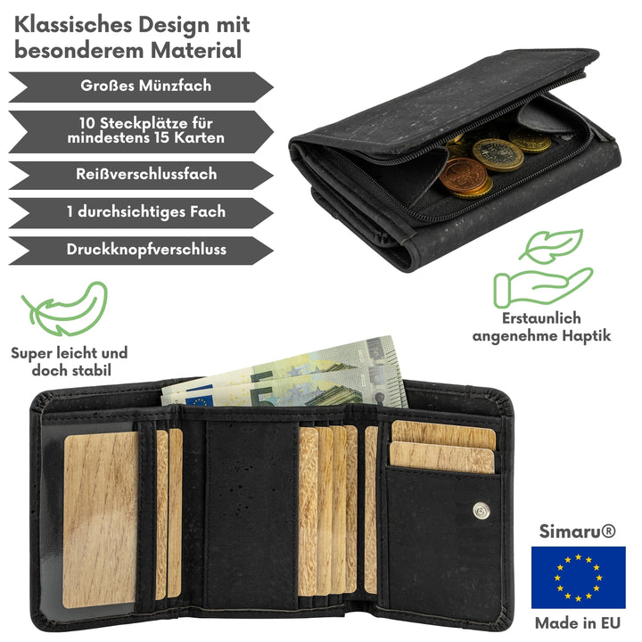 Außen- und Innenansicht einer Kork Geldbörse mit Münzfach außen Made in EU #color_schwarz