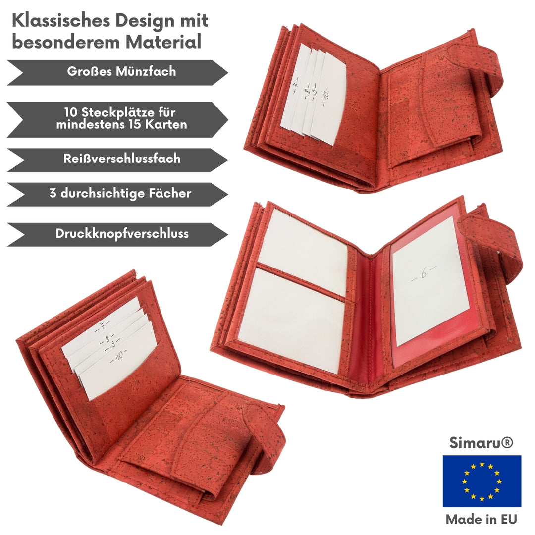Collage mit Infos zu Kork Geldbeutel Made in EU mit Münzfach, Sichtfenster und Kartensteckplätzen #color_rot