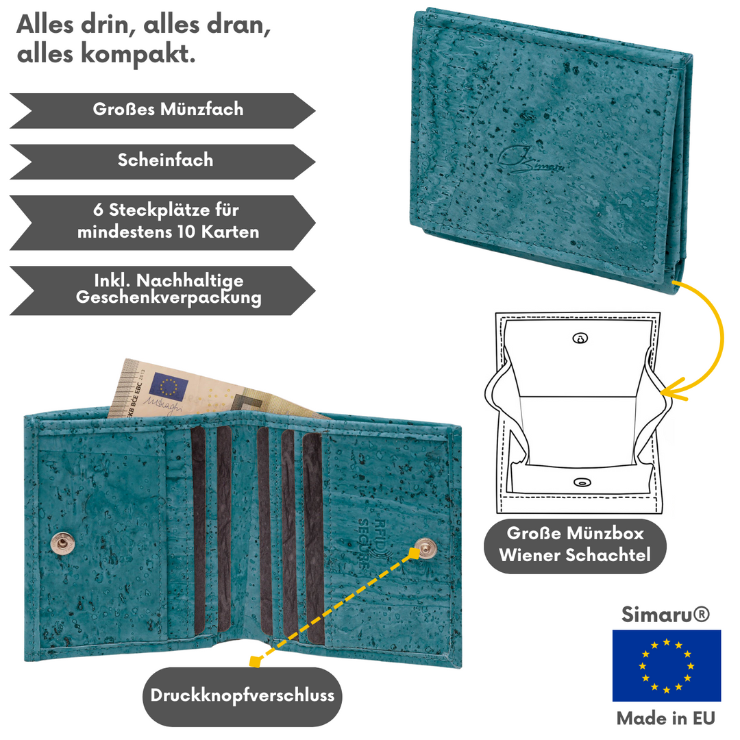 Collage mit Infos zu Kork Geldbeutel Made in EU mit Münzfach "Wiener Schachtel", Scheinfach und Kartensteckplätzen #color_tuerkis