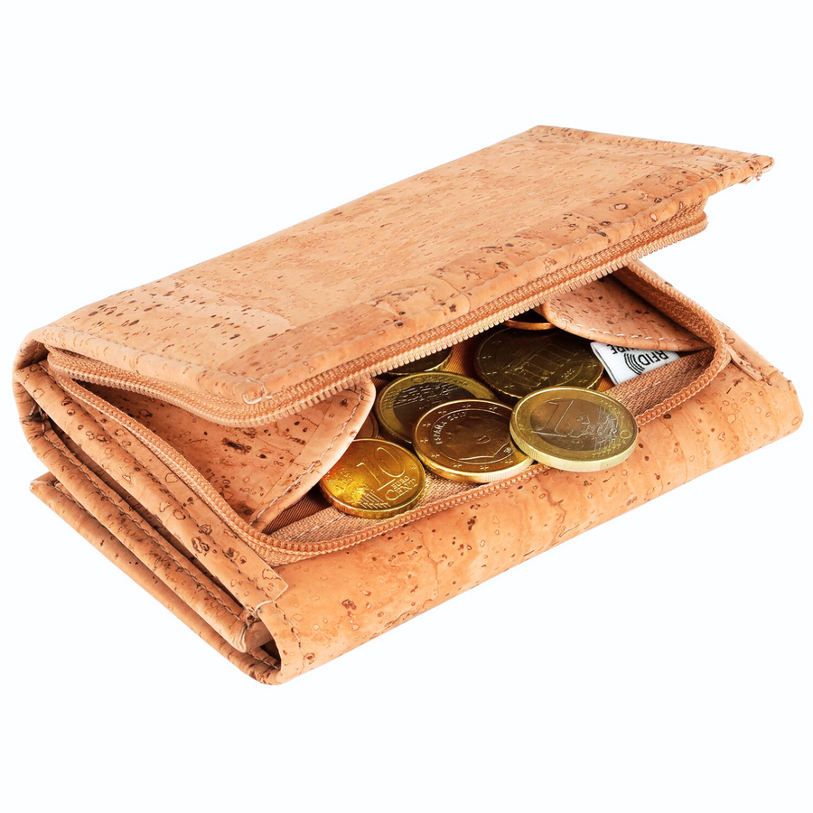 Vegan Cork Wallet For Women – Slim Bifold Card Holder With Zip Pocket, RFID Blocking – Brown Cork Leather Alternative