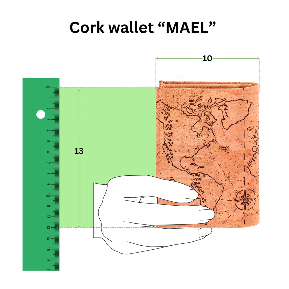 Anschauliche Grafik mit Kork Geldbeutel Modell Mael in einer Hand mit Größenangabe 13 mal 10 in Zentimeter #color_worldmap