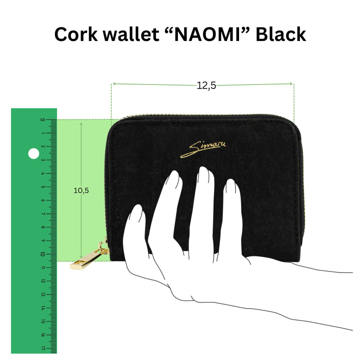 Anschauliche Grafik mit schwarzem Kork Geldbeutel in einer Hand mit Größenangabe in Zentimeter
