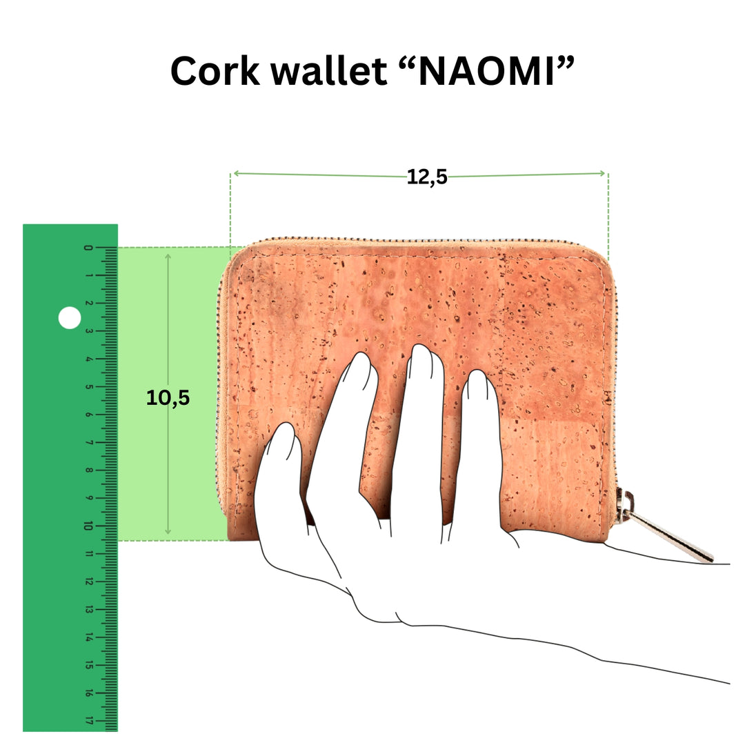 Anschauliche Grafik mit natürlichem Kork Geldbeutel in einer Hand mit Größenangabe in Zentimeter #color_beige