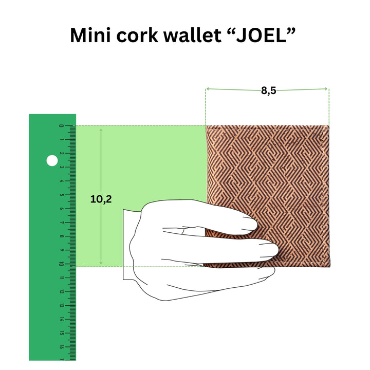 Anschauliche Grafik mit Geldbeutel aus Kork in einer Hand mit Größenangabe in Zentimeter #color_vinicunca