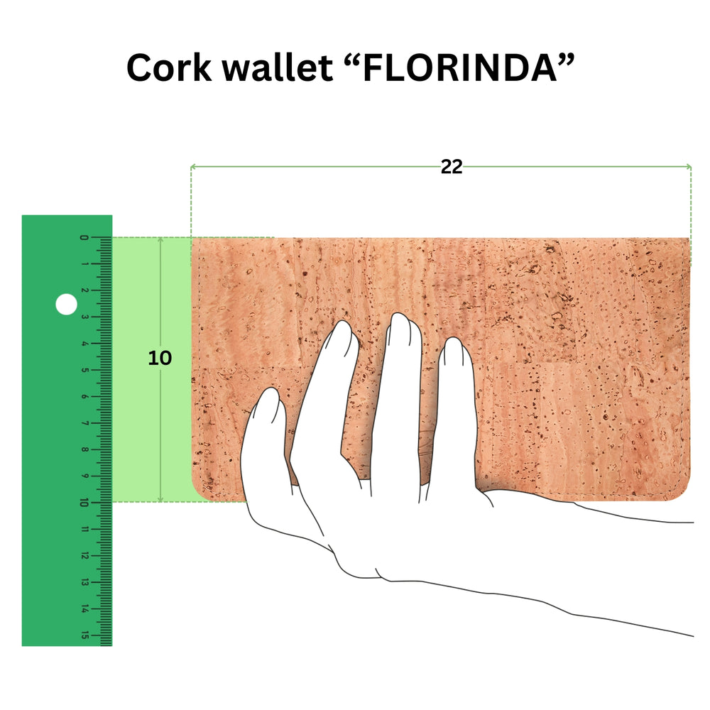 Anschauliche Grafik mit Kork Geldbeutel in einer Hand mit Größenangabe 22 mal 10 in Zentimeter #color_beige