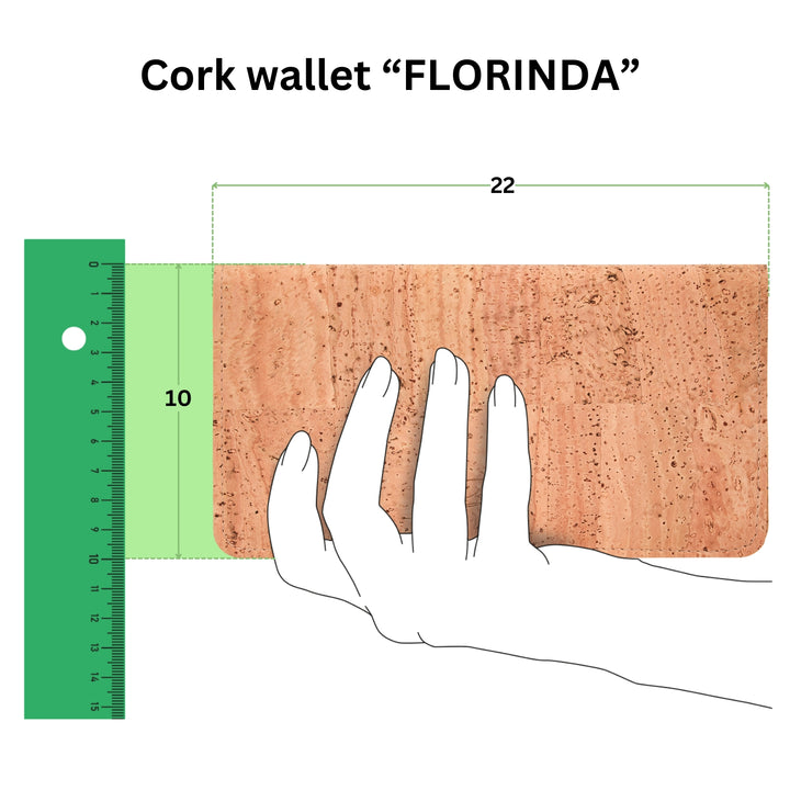 Anschauliche Grafik mit Kork Geldbeutel in einer Hand mit Größenangabe 22 mal 10 in Zentimeter #color_vinicunca