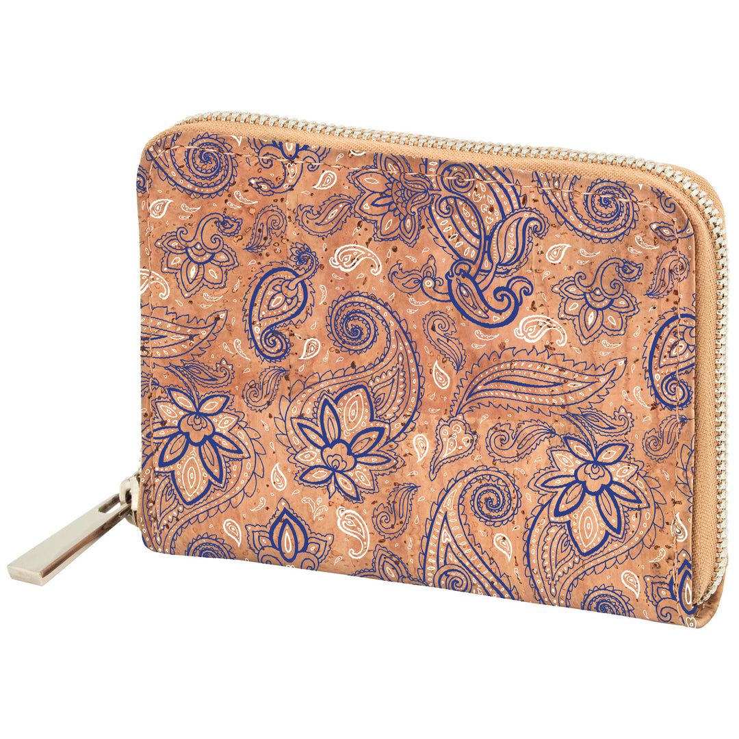 Kompakte geschlossene Damengeldbörse aus hellem Kork mit Floralmuster und goldenem Rundum-Reißverschluss #color_bandana