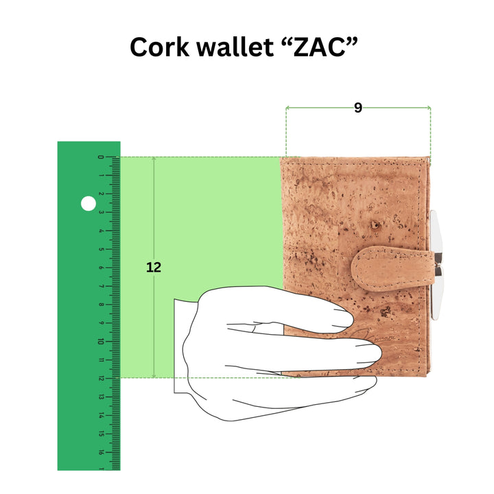 Anschauliche Grafik mit Kork Geldbörse in einer Hand mit Größenangabe 12 mal 9 in Zentimeter #color_beige
