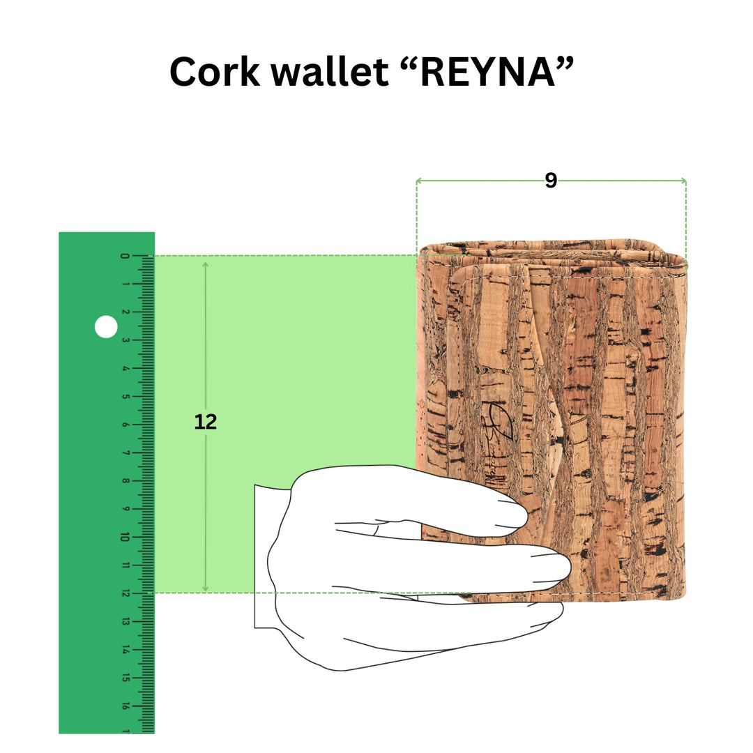 Anschauliche Grafik mit Kork Geldbeutel Modell Reyna in einer Hand mit Größenangabe 12 mal 9 in Zentimeter #color_raizes