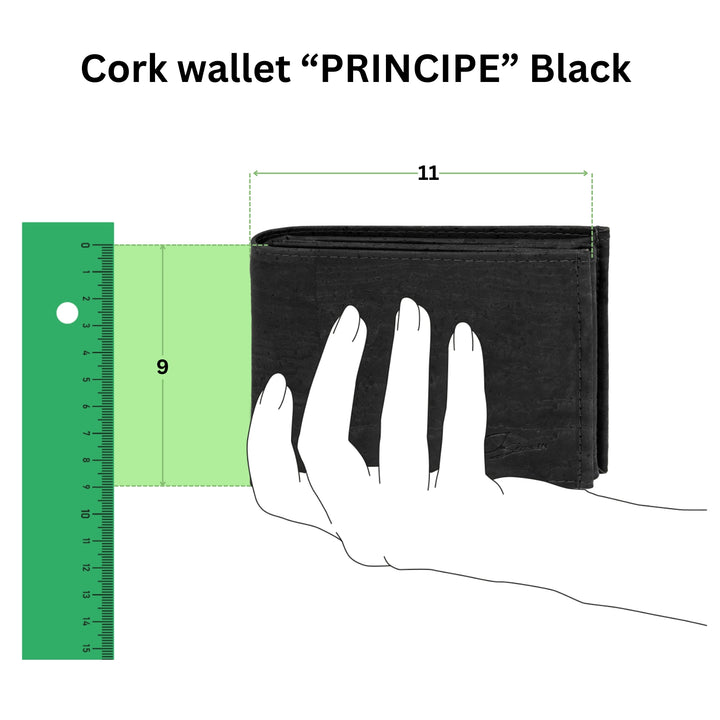 Anschauliche Grafik mit Kork Geldbeutel Modell Principe in einer Hand mit Größenangabe 11 mal 9 in Zentimeter #color_schwarz