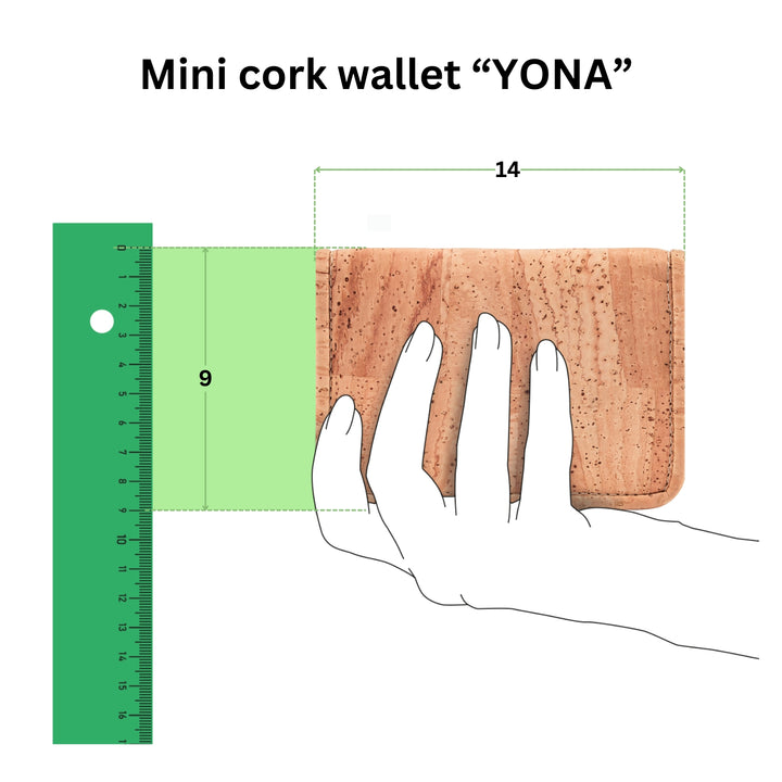 Anschauliche Grafik mit Kork Geldbörse in einer Hand mit Größenangabe 14 mal 9 in Zentimeter #color_bandana