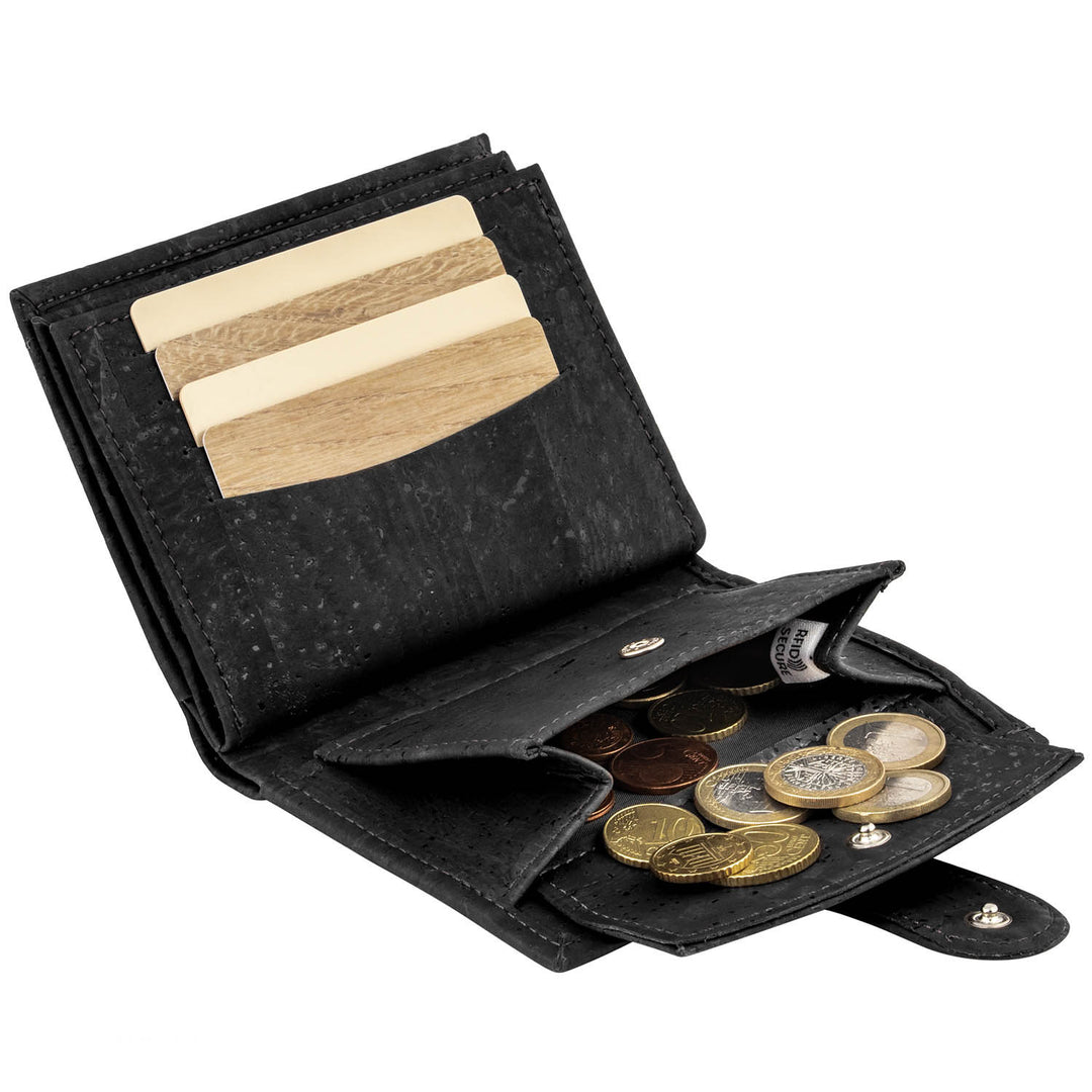 Geöffneter schwarzer Kork-Geldbeutel mit Münzfach und Kartensteckplätzen #color_schwarz