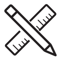 Schwarzweiß Grafik mit Lineal und Stift über Kreuz