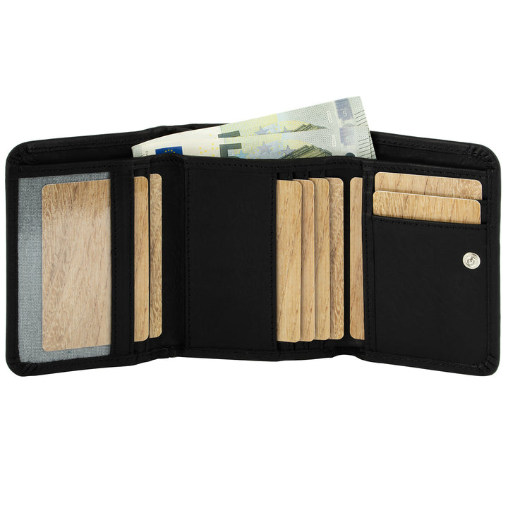 Innenansicht schwarze Kork Geldbörse mit Sichtfenster, vielen Kartenfächern und Fach für Geldscheine #color_schwarz