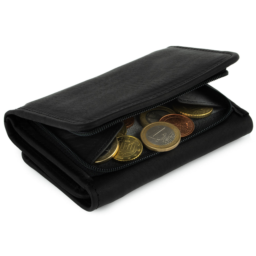 Geöffnetes Münzfach einer breiten Geldbörse aus Kork in der Farbe schwarz #color_schwarz