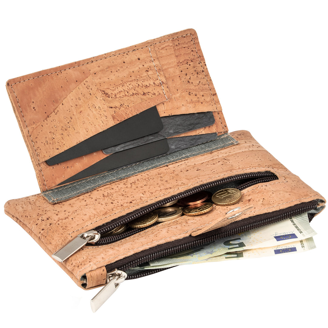 Flache Geldbörse aus hellem Kork mit 2 Reißverschlussfächern und ausklappbarem Seitenfach mit Kartensteckplätzen #color_vinicunca