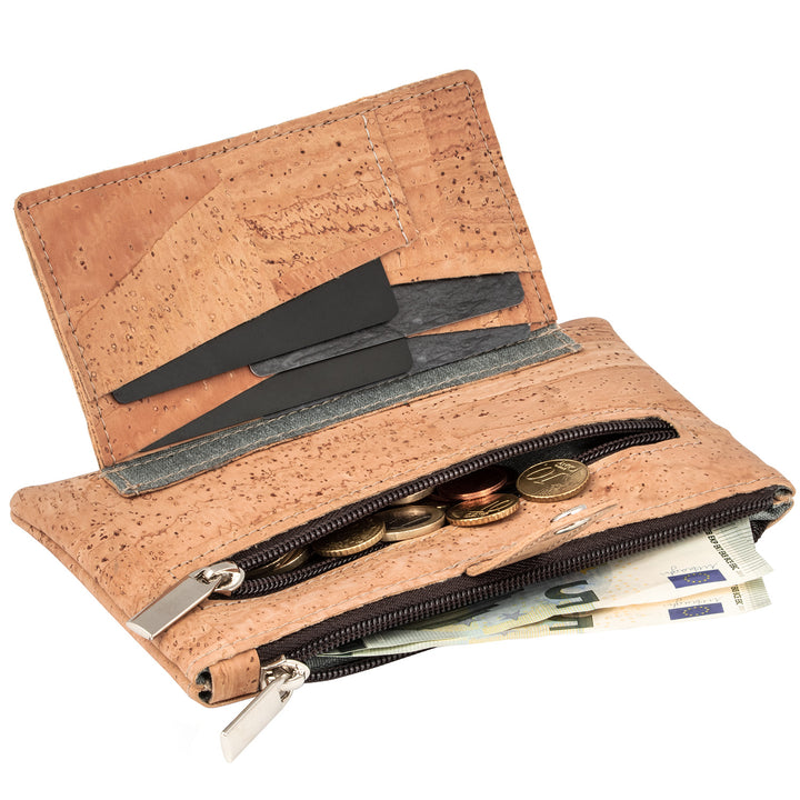 Flache Geldbörse aus hellem Kork mit 2 Reißverschlussfächern und ausklappbarem Seitenfach mit Kartensteckplätzen #color_beige