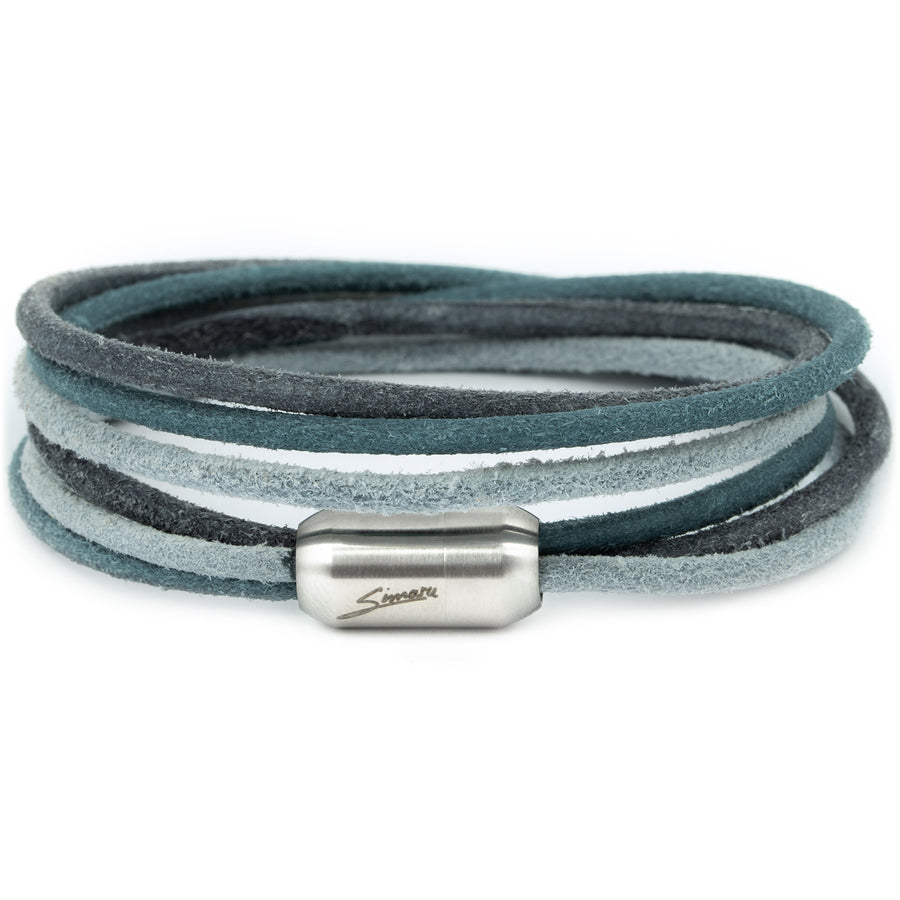 Blau-graues Wickelarmband aus echtem Leder mit Magnetverschluss in silber