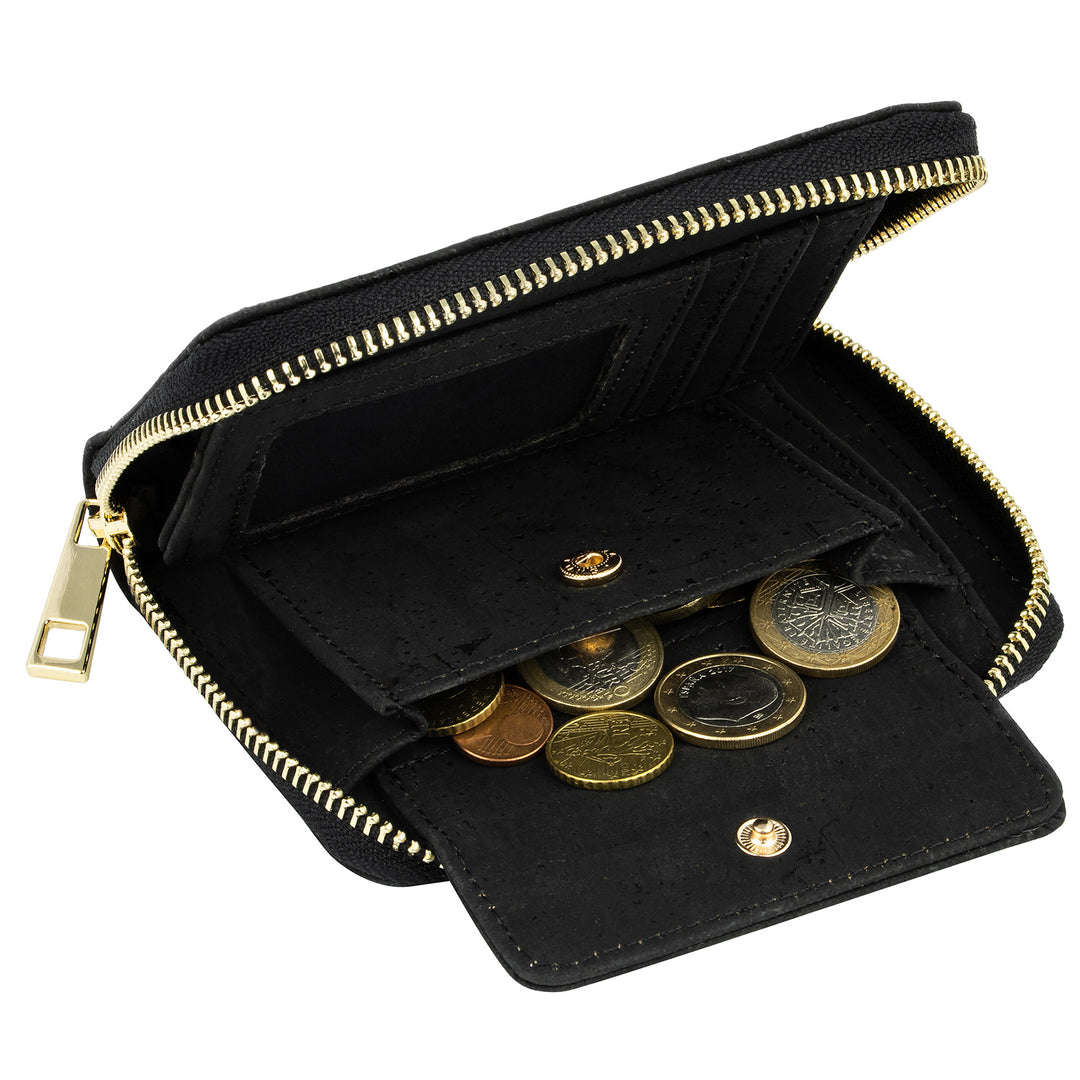 Schwarze Geldbörse aus Kork mit Rundumreißverschluss geöffnet mit Münzfach innen #color_schwarz