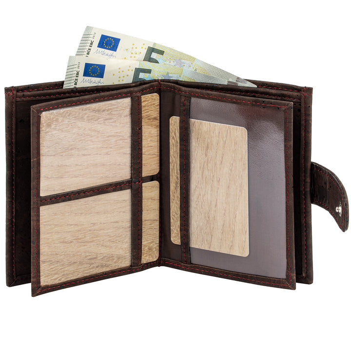 Aufgeklappte, braune Korkgeldbörse mit Sichtfenstern und Fach für Geldscheine #color_braun