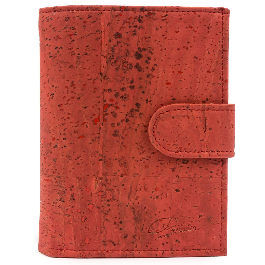 Außenansicht stehende rote Kork Geldbörse mit Verschlusslasche  #color_rot