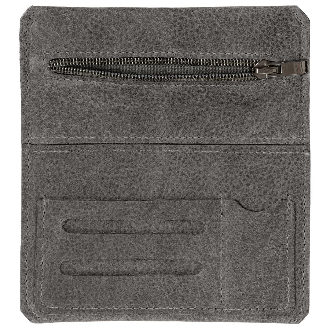 Geöffnete Tabaktasche aus dunkelgrauem Leder mit Reißverschlussfach und weiteren Fächern für Zubehör #color_grau